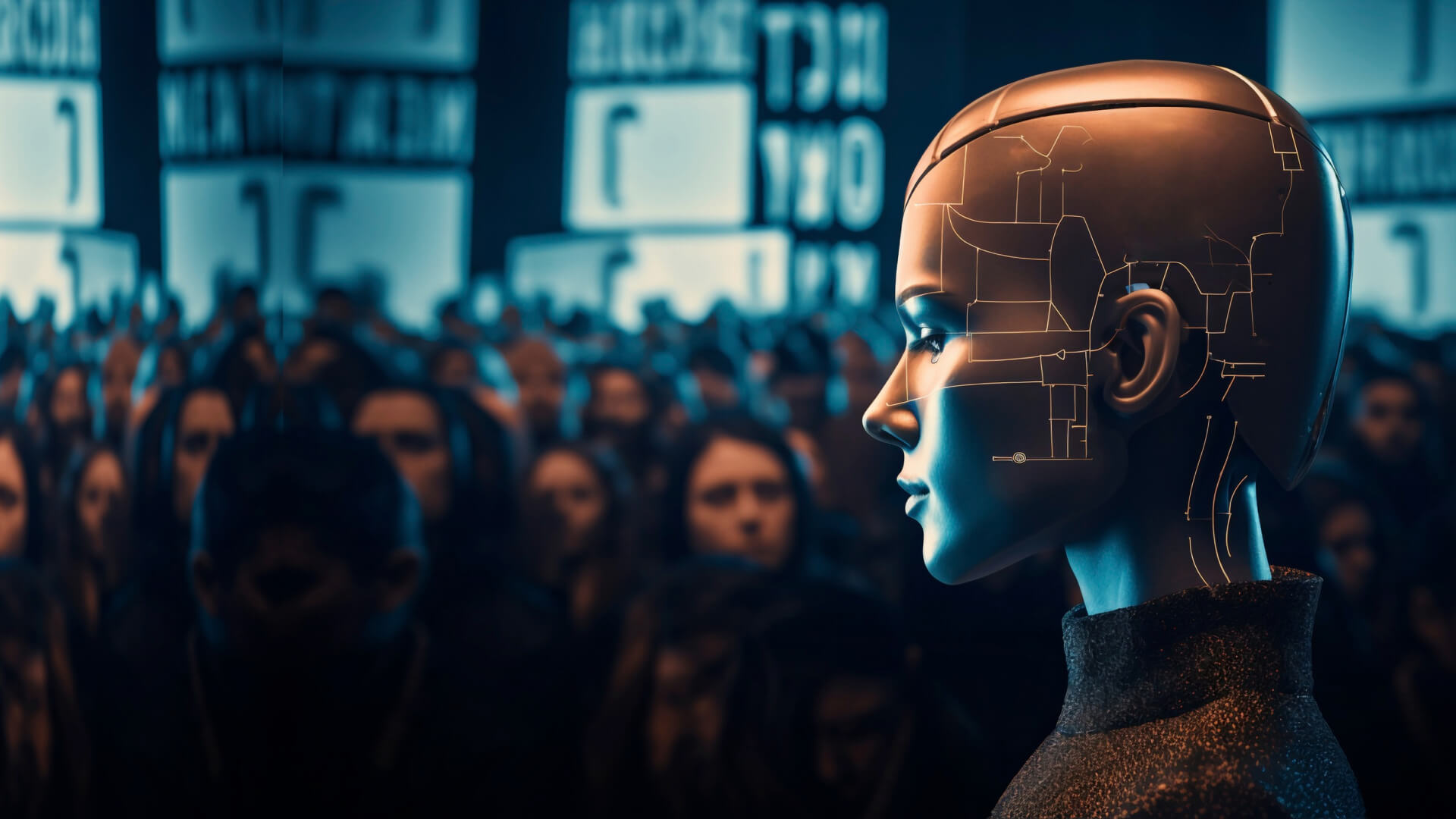 AI technology observing a crowded, noisy landscape of tools and hype