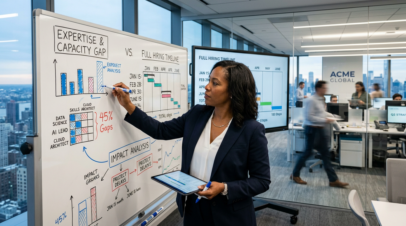 Executive weighing an expertise and capacity gap against a full hiring timeline