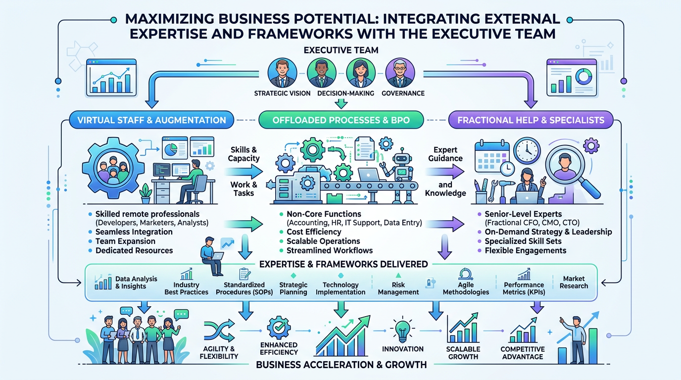 Expertise and frameworks delivered through virtual staff, offloaded processes, and fractional help alongside an executive team