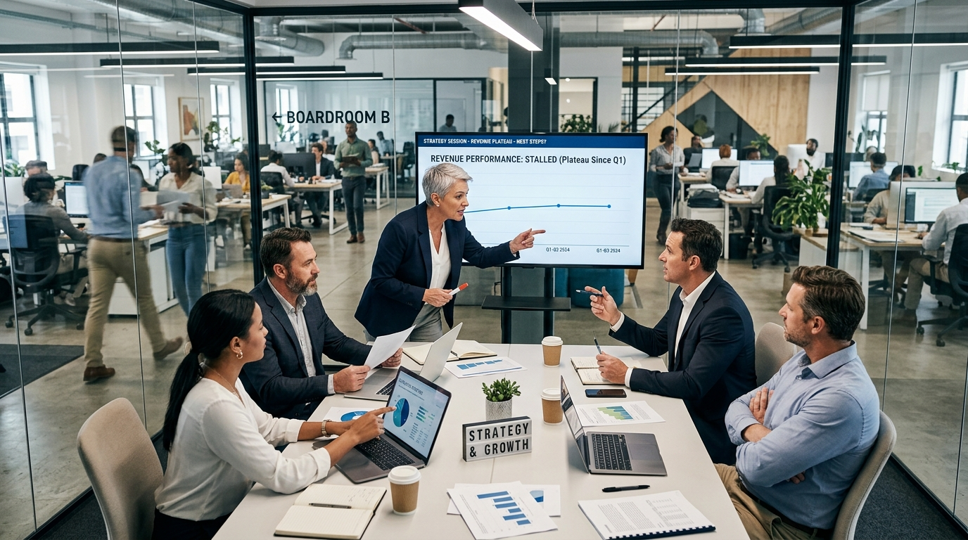 Leadership team weighing which direction to take on a stalled business revenue plateau
