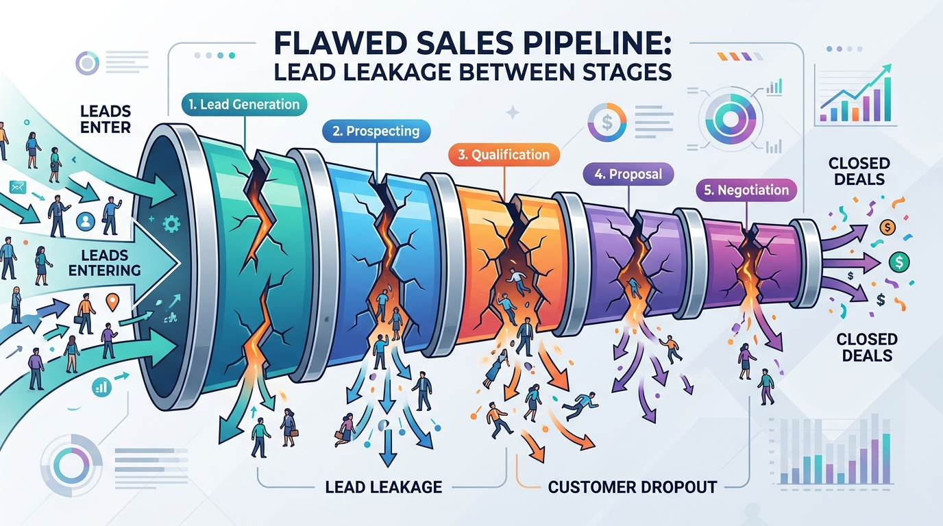 Leads leaking out of a pipeline with cracks between the stages